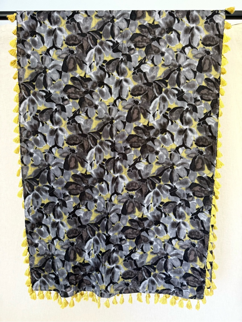 J.Crew | Floral Scarf Blue Gray Chartreuse Tassel Wrap - Picture 4 of 9